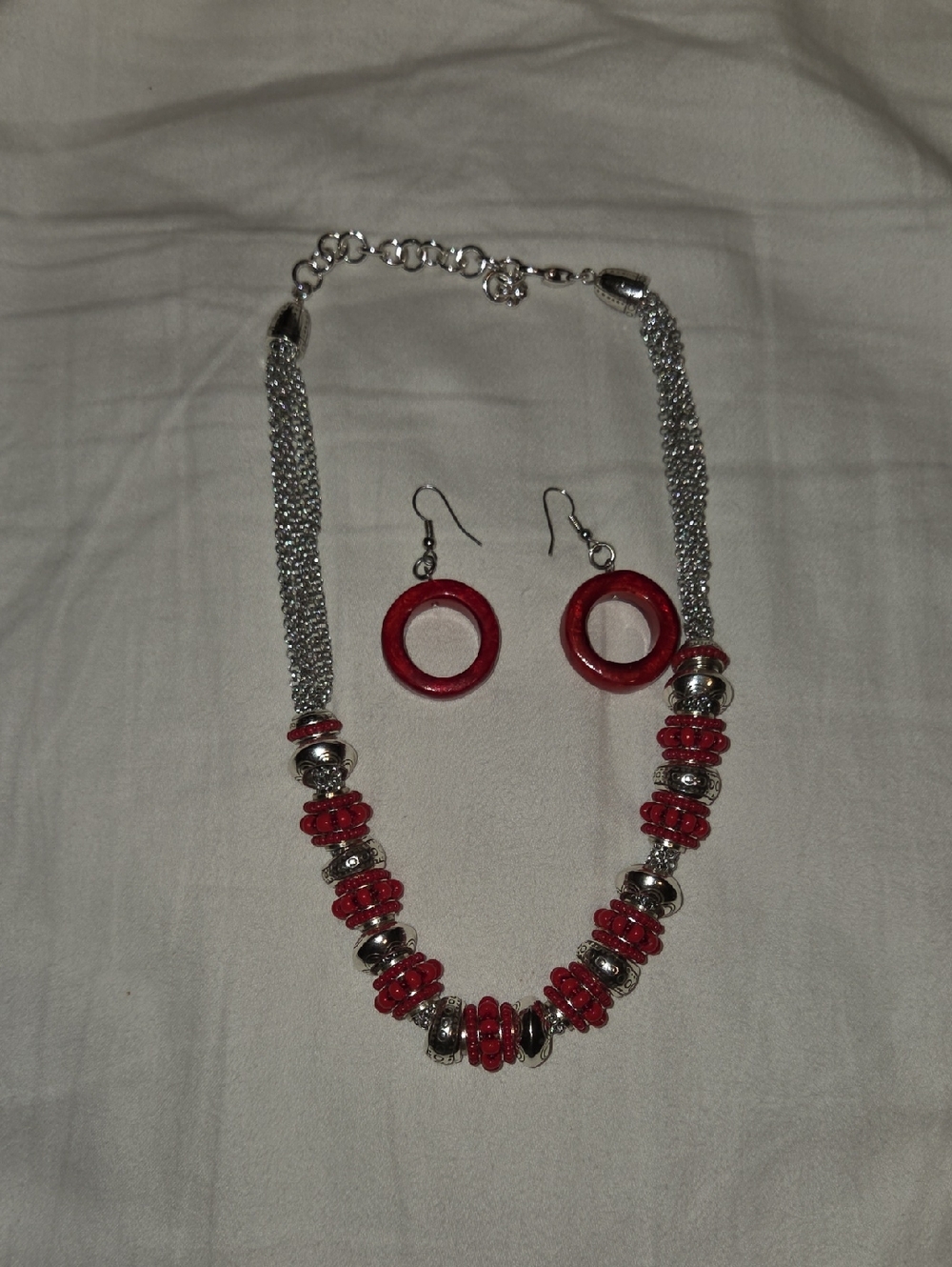 Silver-Tone Necklace with Red Bead Accents and Matching Earrings
